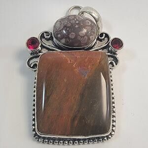 Necklace Pendants Tiger Iron Garnet Handmade Jewelry in Sterling Silver Frame